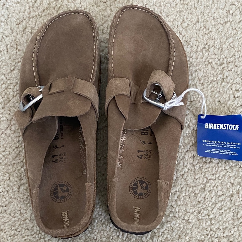 Birkenstock Tan Suede Slip-Ons with Silver Buckle